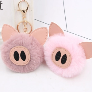 Cute Cartoon Piggy Faux Fur Pom Pom Keychain For Women Girls Bag Charm Pendant Gift Soft Plush Keyring Accessory Charm