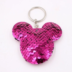 Portachiavi con paillettes rosso rosa a forma di Topolino e anello in metallo argento