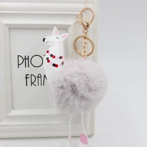 Dettaglio portachiavi alpaca con pompon grigio e chiusura a moschettone in metallo dorato