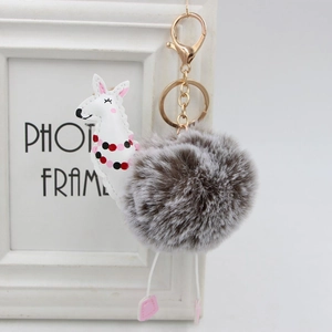 Dettaglio portachiavi alpaca con pompon in ecopelliccia marrone e chiusura dorata