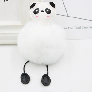 Detailed view of a soft panda pompom keychain with faux fur and black leather legs for bags