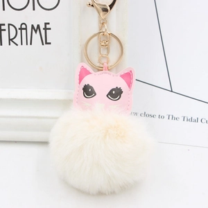 Détail du porte-clés chat en cuir rose avec pompon en fausse fourrure crème et fermoir doré