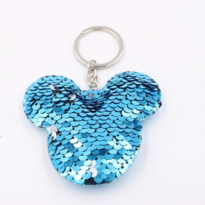 Portachiavi con paillettes blu a forma di orecchie di topo e anello in metallo