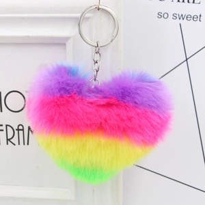 Faux Rabbit Fur Rainbow Heart Keychain Soft Plush Heart Bag Charm Fluffy Keyring For Women Sweet Car Pendant Accessories