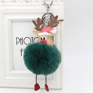 Detailed view of elk plush ball keychain with reindeer head, red boots and metal clip