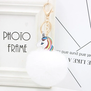 Rainbow unicorn keychain with white plush pom-pom and golden lobster clasp for bag decoration