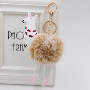 Dettaglio portachiavi a forma di alpaca con pompon marrone e anello in metallo oro