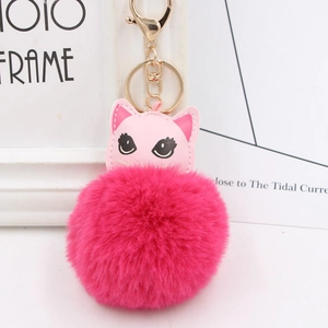 Détail d'un porte-clés pompon rose en fausse fourrure avec tête de chat en cuir PU