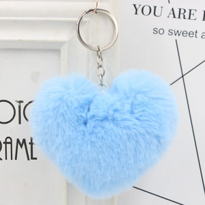 Detail of light blue heart-shaped faux fur keychain with silver metal ring for bags