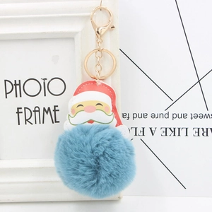 Close-up of Santa Claus PU pendant with soft blue faux fur pompom and golden keyring