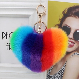 Rainbow fluffy heart keychain with gold ring and lobster clasp for women bag