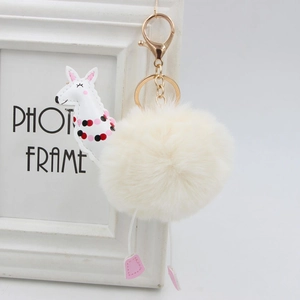 Dettaglio del portachiavi a forma di alpaca in peluche bianco con chiusura dorata