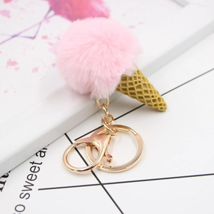 Porte-clés crème glacée mignon en fausse fourrure rose avec fermoir doré pour les sacs