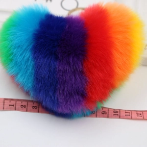 Rainbow fluffy heart keychain with gold ring, 9cm width measurement on white background