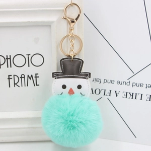 Détail d'un porte-clés bonhomme de neige en fourrure vert menthe avec fermoir doré