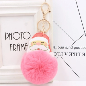 Pink pompom Santa Claus keychain with gold metal clasp and leather charm for gift
