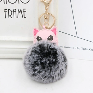 Détail du porte-clés chat en similicuir rose avec pompon en fourrure grise et anneau doré