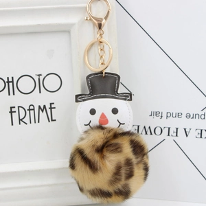 Détail du porte-clés bonhomme de neige avec fausse fourrure léopard et fermoir doré brillant