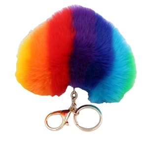 Colorful rainbow plush heart keychain with gold metal clasp for women handbag accessory