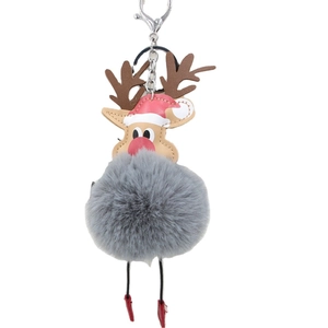 Gray plush pompom reindeer keychain with red Christmas hat and small red boots for gift