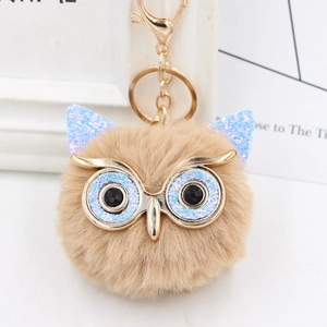 Detail of sequin owl plush keychain with faux fur, glitter accents and gold metal glasses