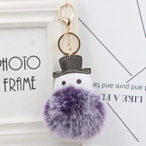 Détail d'un porte-clés bonhomme de neige en fausse fourrure violette avec un chapeau noir