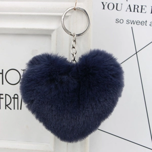 Detailed close-up of navy blue plush heart keychain with silver metal ring on white frame