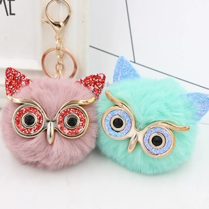 Pink and mint green sequin owl faux fur keychain pendants with golden metal rings