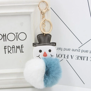 Détail d'un porte-clés bonhomme de neige en peluche avec fourrure bicolore et fermoir doré