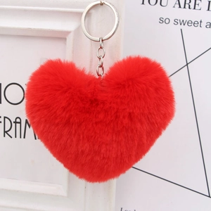 Red heart-shaped fluffy plush keychain with silver ring for bags and car accessory