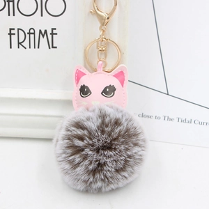 Détail de tête de chat en cuir PU rose et porte-clés pompon en fourrure synthétique grise