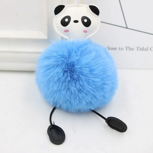 Cute sky blue fluffy panda pom-pom keychain for car bags with plush fur and leather details