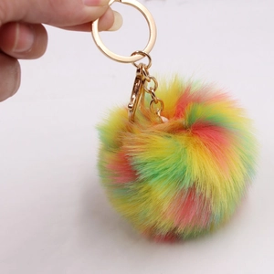 Rainbow faux fur pompom keychain with gold lobster clasp and round key ring
