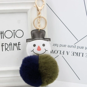 Détail d'un porte-clés bonhomme de neige en peluche avec mousqueton doré et pompon doux