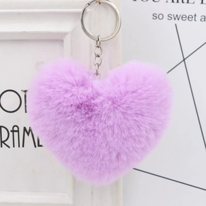 Plush heart keychain in purple faux fur with silver ring for bags and accessories