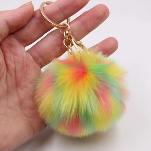 Colorful faux fur pineapple pompom keychain with golden metal ring and lobster clasp