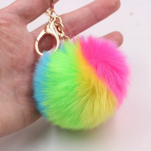 Rainbow Faux Rabbit Fur Pom Pom Keychain Colorful Striped Plush Ball Bag Charm With Gold Metal Lobster Clasp Car Keyring Gift