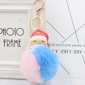 Detail of Santa Claus faux fur keychain with pink and blue dual-color plush ball and gold clasp