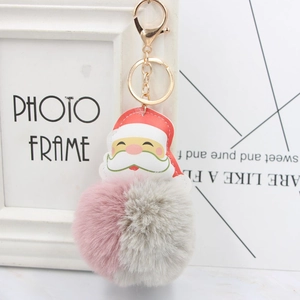 Close-up of Santa Claus plush ball keychain with pink and grey faux fur and gold clasp