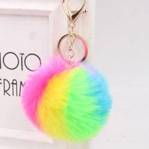 Rainbow faux fur keychain with colorful stripes and golden metal lobster clasp