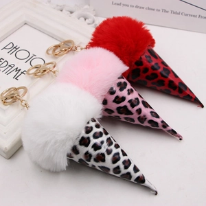 Detailed close-up of leopard print ice cream keychain with colorful faux fur pom-poms
