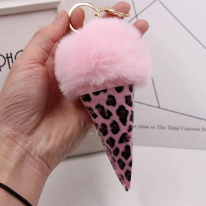 Close-up of pink faux fur ice cream keychain with leopard print cone and gold ring