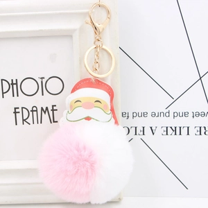 Detail of Santa Claus plush ball keychain with golden alloy clasp and pink faux fur