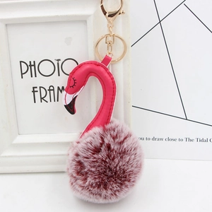 Detailed view of plush flamingo keychain with faux leather design and golden keyring