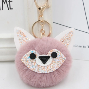 Pink sequin fox fur pompom keychain with gold alloy lobster clasp for handbags