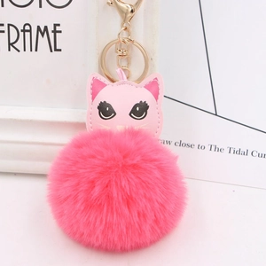 Porte-clés chat en peluche rose avec oreilles en similicuir et mousqueton doré