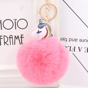 Cute Unicorn Pom Pom Keychain Faux Fur Ball PU Leather Pendant Rainbow Mane Gold Metal Keyring For Women Bag Decoration