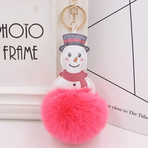 Detail of pink faux fur pompom and PU leather snowman pendant with gold key ring