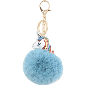 Sky blue faux fur pom pom keychain featuring a rainbow unicorn PU leather charm