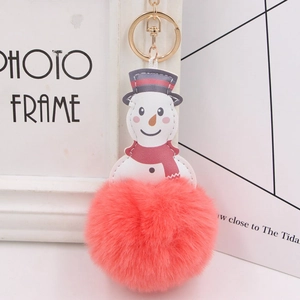 Detail of cute snowman plush keychain with coral pink fur ball and golden ring